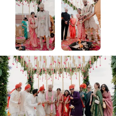 A collage capturing the grandeur of a North-meets-South wedding, from the groom's entrance to the family celebrations. It’s a beautiful blend of traditions and love.