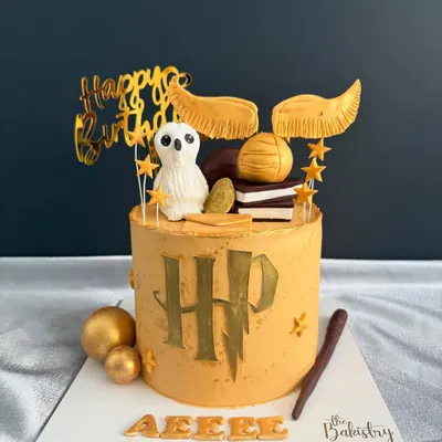 A magical Harry Potter cake for a true fan. This design features the iconic HP logo, a golden snitch, Hedwig the owl, and a wand, all ready for a spellbinding celebration.