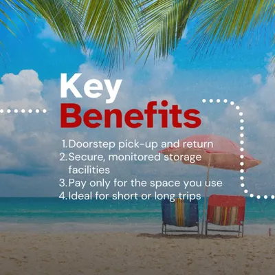 Heading out for a long trip? My storage service is ideal. I offer doorstep pick-up, secure facilities, and you only pay for the space you use. Travel light, I'll handle the rest.