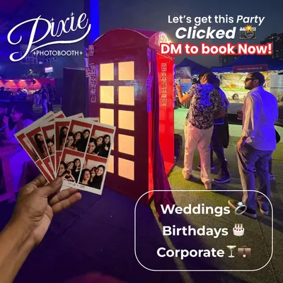 Our booth is a perfect fit for any event, whether it's a wedding, a milestone birthday, or a corporate party. This image sums it up perfectly, showing the booth in a lively setting and the high-quality prints that guests get to take home.