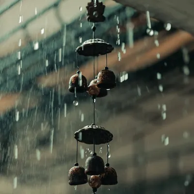 The sound and sight of rain from my new home. I love capturing these moody moments, like the water droplets falling from the wind chimes, which create a sense of peace and nostalgia.