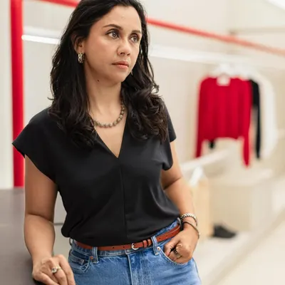 We were tasked with bringing Ranbir Kapoor's vision for his lifestyle brand ARKS to life. This image of our partner, Shruti Dimri, in the completed store captures the effortlessly light and open feel we aimed to achieve.