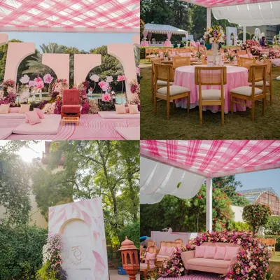 The decor sets the stage for the celebration. This collage showcases the beautiful pink and white themed decor from Radhika and Shivank's elegant Roka ceremony, from the stage to the table settings.