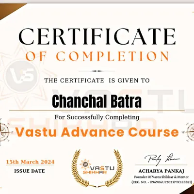 Trust is the foundation of my practice. This Certificate of Completion for the Vastu Advance Course is a testament to my ongoing education and dedication. Feel free to reach out with any questions about your home or office; I am happy to provide initial guidance.