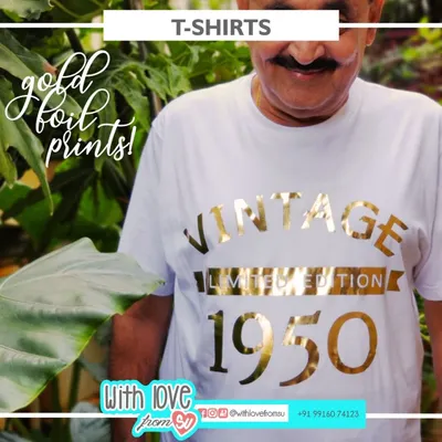 Celebrate a milestone birthday in style with a "Vintage Limited Edition" t-shirt. The year of birth is printed in a brilliant gold foil that really shines, making it a super special gift for a parent or grandparent.