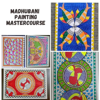 A collage of vibrant Madhubani paintings, a traditional Indian folk art. My digital courses show you how to recreate these intricate styles using digital tools, blending tradition with technology.
