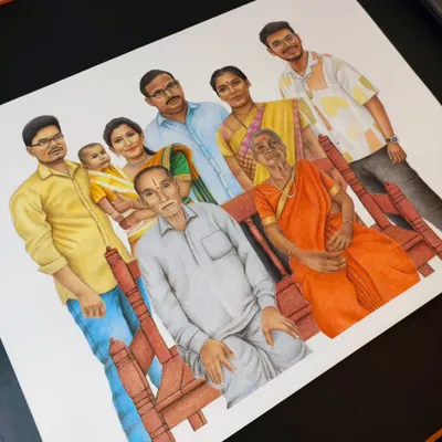 This was a very challenging but rewarding family portrait for a client from Telangana. I combined multiple photos and made many adjustments to create this single, cohesive A2 size colour sketch.