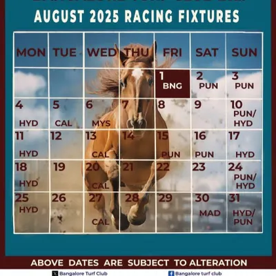 The official racing fixtures for August 2025. Plan your visits to the Bangalore Turf Club and other racecourses.