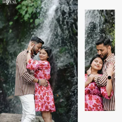 An intimate collage of a couple embracing in front of a lush waterfall, capturing a tender and romantic moment.
