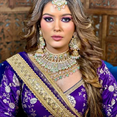 A stunning bridal look created at our academy. Our courses cover how to create bold, beautiful eye makeup that complements heavy traditional jewelry and outfits, a key skill for any professional bridal makeup artist.