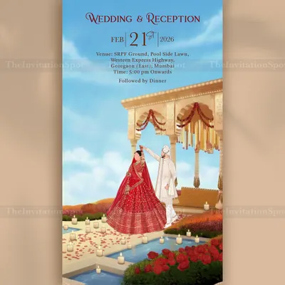 A beautiful static e-invite for a wedding and reception. I created a custom caricature of the couple during their varmala ceremony, set against a dreamy backdrop with a royal mandap and floating candles.