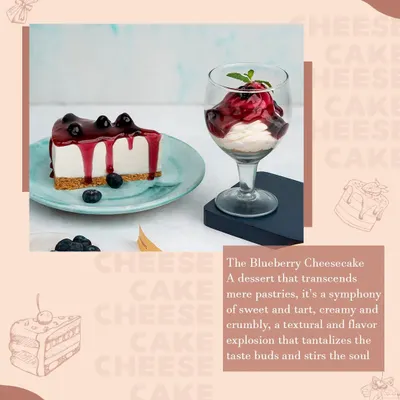Our Blueberry Cheesecake is a dessert that stirs the soul. A creamy, smooth cheesecake filling sits on a crumbly biscuit base, topped with a generous layer of sweet and tangy blueberry compote.