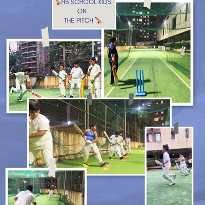 A collage showcasing our "HB School Kids on the Pitch" at Nahar’s Nectorfield Club. These images capture the intensity of our net practice and on-field training sessions for developing cricketers.