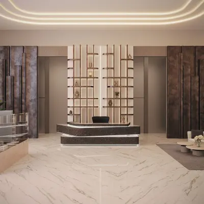 This lobby design concept merges modern aesthetics with timeless luxury. We used a palette of rich textures and soft, integrated lighting to create an atmosphere of elegance and warmth that welcomes guests in style.