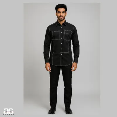 A full-length view of the black shirt with geometric contrast stitching. This piece demonstrates how a simple detail can transform a classic shirt into a modern work of art.