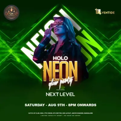 The 'Holo Neon Glow Party' at Catch Up Club. These parties are visually spectacular, with neon lights and effects creating an electrifying atmosphere for a night of Bollywood beats.