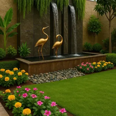 A beautiful water feature with golden crane artifacts. The cascading water, combined with the elegant sculptures and colorful flower beds, creates a serene and artistic focal point in the garden.
