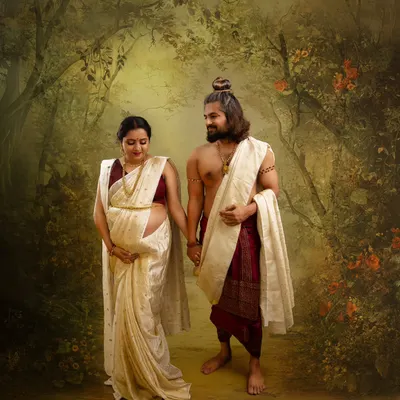 A portrait that tells an epic story. This Ram-Sita inspired couple's maternity photo captures a timeless narrative of love and devotion, set against a painterly, mythological forest backdrop.