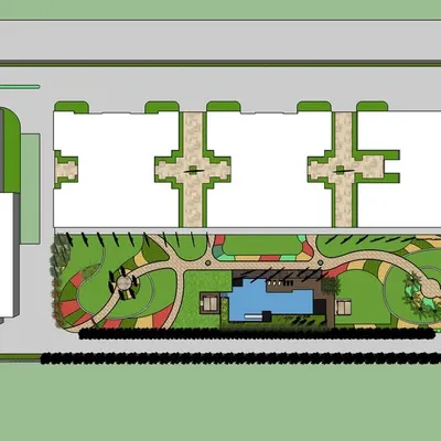 A 2D master plan for a residential community's landscape. This top-down view details the layout of pathways, green spaces, building entrances, and the central swimming pool area, serving as the foundational blueprint for the entire project.