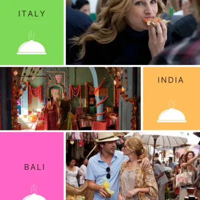 Italy, India, Bali. Three countries, three spiritual journeys, and one unforgettable menu. This graphic for our Eat Pray Love screening visually represents the film's path, with each destination corresponding to a course on your plate.