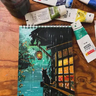 There is nothing quite like the warm, positive energy of being next to a cat. This painting captures a quiet moment with a black cat on a rainy evening, looking out from a balcony. It’s a piece from my collection that reflects the comfort and companionship our feline friends bring into our lives.