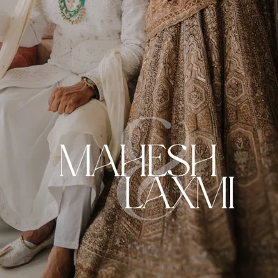 A stylish graphic overlay for Mahesh and Laxmi's wedding, focusing on the rich textures of their North Indian wedding attire.