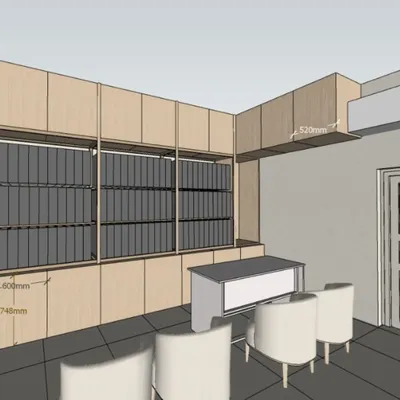 A 3D model showing the design for an office's file storage and reception desk area. This visualization includes precise measurements for custom cabinetry.