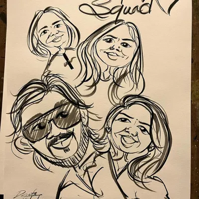 The 'Crazy Squad' captured in a fun group caricature. This is a perfect way to remember a fun time with friends at a party.