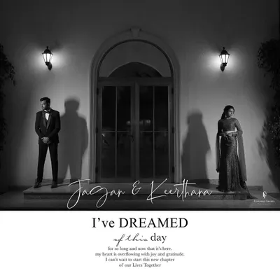 A dramatic black and white portrait of the couple at their reception, titled "I've dreamed of this day." This image captures the elegance and romance of the evening.