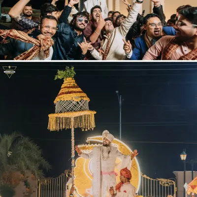 The groom's baraat is a party on wheels. This collage captures the groom and his friends dancing with high energy on their way to the wedding venue.