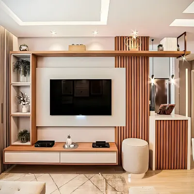 This asymmetrical TV unit combines light wood with white surfaces for a fresh, Scandinavian-inspired look. The vertical wood slats on the right add texture, while the open shelving provides space for decor.