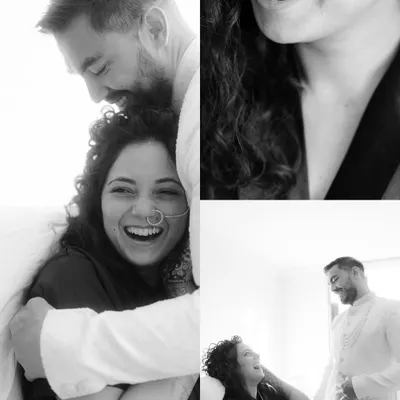 A black and white collage capturing the spontaneous laughter and affection between Monika and Francisco during a quiet moment, showcasing their genuine connection.