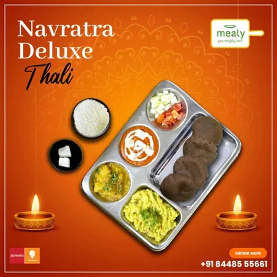 My Navratra Deluxe Thali is a complete meal to keep you satisfied during your fast. It features a variety of dishes like sabzi, khichdi, and puri, all prepared according to traditional fasting rules.