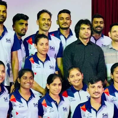 A group photo with Olympic gold medalist Neeraj Chopra. His presence is a powerful reminder of what can be achieved with dedication and perseverance, inspiring all our athletes at SAI.