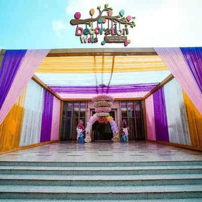 This was the grand entrance to Pravya's Cinderella-themed welcome party. I used colorful drapes and my "Decoration Wala" sign to create a festive gateway, with a small balloon arch hinting at the magic waiting inside.