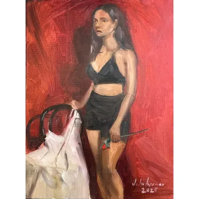 A full figure painting of our model Rama, done in oil against a vibrant red backdrop. This was a challenging but enjoyable live session where I focused on capturing her pose and the dramatic lighting.