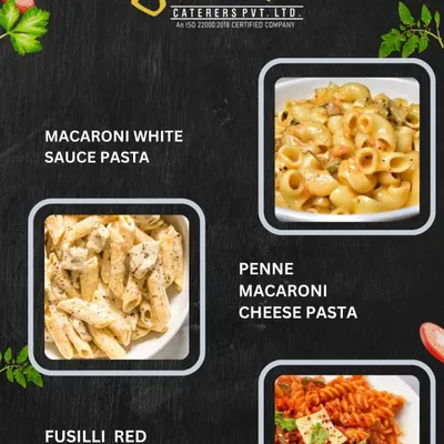 A selection of our delicious pasta offerings, including Macaroni in White Sauce, Penne Macaroni Cheese Pasta, and Fusilli in Red Sauce.