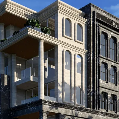 This 3D render shows a perfect blend of classical and modern styles. The design juxtaposes a light, classical facade with columns against a dark, modern marble-clad section.