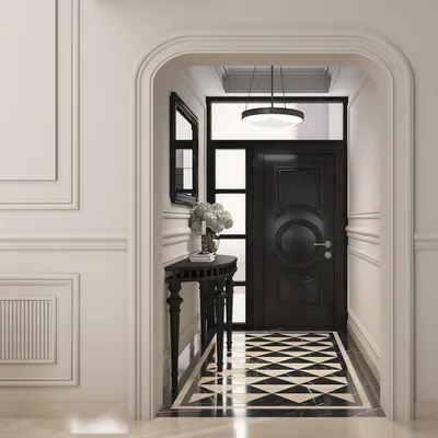 A rendering of a classic and dramatic entryway. The design features a black door, a black-and-white marble inlay floor, and elegant wall molding, creating a timeless and sophisticated entrance.