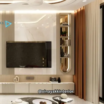 This TV unit combines a marble-finish backdrop with a sleek, low-profile console. I added a curved, illuminated display niche on the side for showcasing decor, turning the entire wall into a piece of functional art.