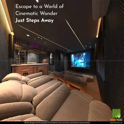 A complete private cinema featuring two tiers of plush recliner seating for optimal viewing. This dedicated space includes a custom-built bar and lounge area at the rear, transforming movie night into a premier social event.