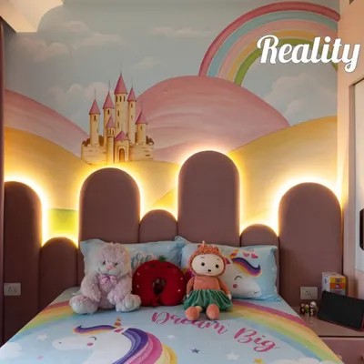 The final result of our fairy-tale theme kids' room, where the hand-painted castle mural and custom-lit headboard came to life exactly as visualized.