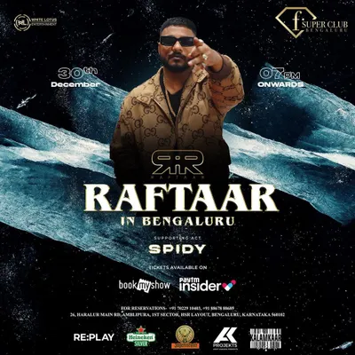The official event poster for my supporting act for India's top hip-hop artist, Raftaar, at F Superclub. Being on the lineup with such icons is a regular part of my concert schedule.
