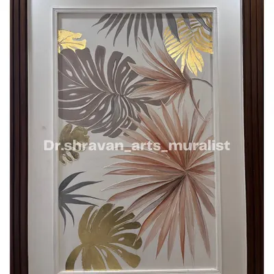 This framed artwork is a hybrid of painting, 3D piping, and gold foil application. The tropical leaves have a raised texture that catches the light differently, creating a piece that feels both organic and incredibly luxurious.