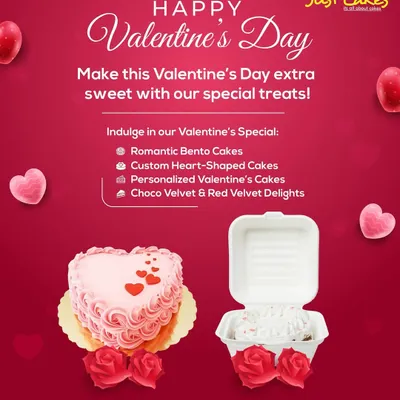 For Valentine's Day, we offer a range of romantic treats. This promotional graphic showcases our special menu, including romantic bento cakes, custom heart-shaped cakes, and our popular Choco Velvet and Red Velvet delights.