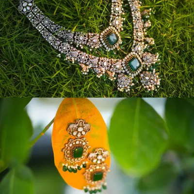 A creative diptych showcasing the intricate design of the bridal necklace and earrings against natural elements.