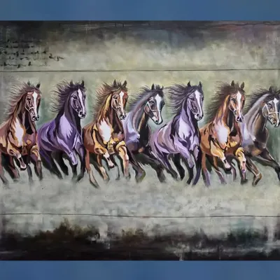 "THE RUNNING HORSES," a large 7 by 4 feet acrylic painting, is now available for purchase. The abstract style and energetic strokes capture the power and speed of these magnificent animals.