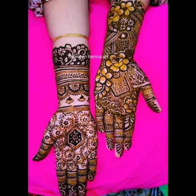 A little mehndi, a little magic, and a lot of love. This is a beautiful example of a party henna design, which is intricate but doesn't provide full coverage like a bridal design.
