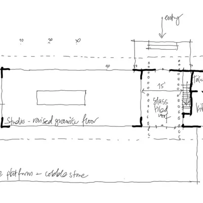 For us, everything begins with a sketch. It is our way of thinking, of giving form to an idea as it evolves. These initial drawings for an artist's studio show the journey from a loose concept to a more defined architectural plan, long before any software is opened.
