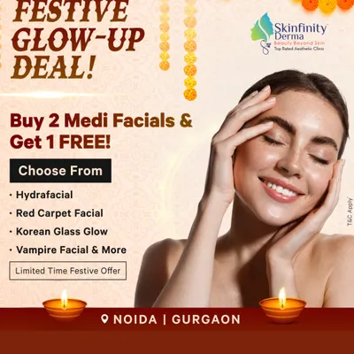 Our Festive Glow-Up Deal is here! Buy 2 Medi-Facials and get 1 free. Choose from our most popular options like Hydrafacial, Red Carpet Facial, and Korean Glass Glow to get radiant skin for the festive season.